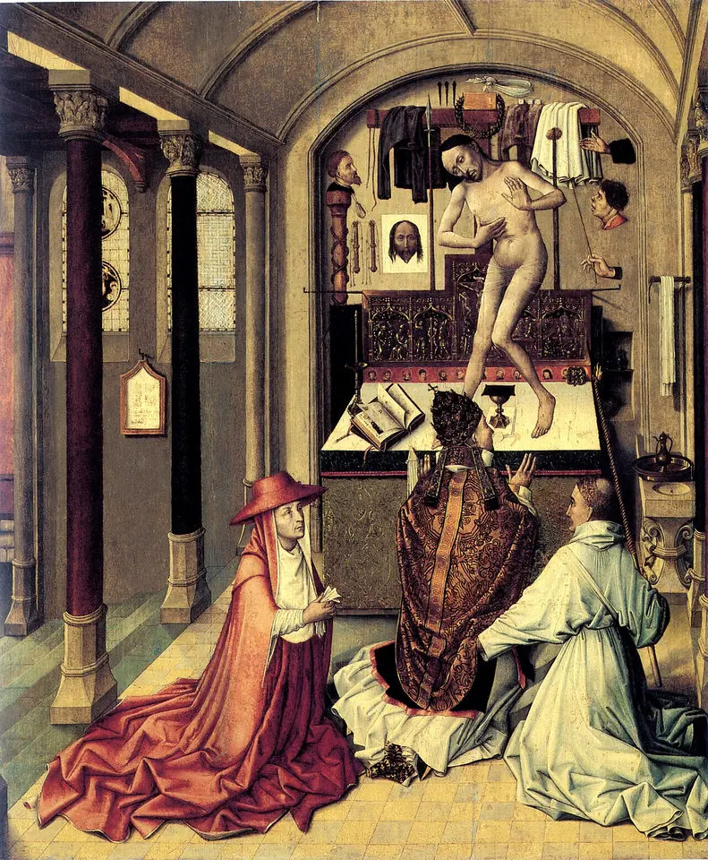 Flemish panel painting of a pope in a red cope kneeling at an altar while the suffering Christ rises from a tomb above it, with a cardinal and a monk kneeling beside him