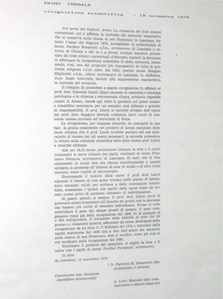 A typed page in Italian headed Primo verbale, ricognizione scientifica, 18 novembre 1970, with signatures at the bottom