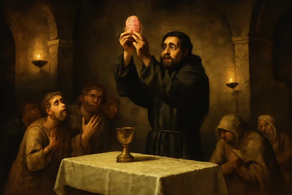 Oil-painting-style illustration of a bearded monk in a dark habit at a stone altar, staring in awe at the Host in his hands, which has become flesh, while villagers kneel behind him