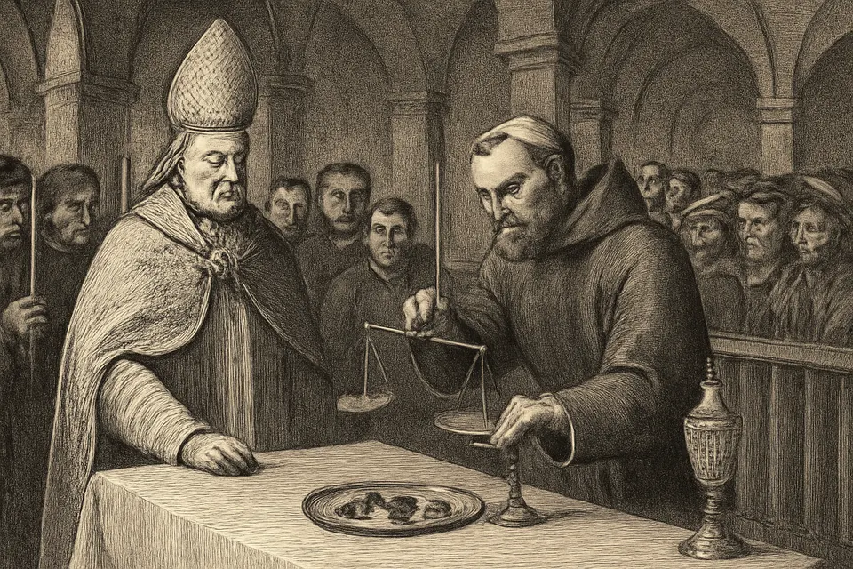 Engraving-style illustration of an archbishop and Franciscan friars weighing small clots of dried blood on a brass balance before a crowd in a church in 1574