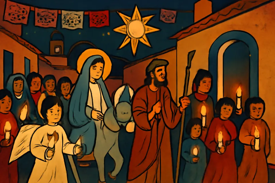 Watercolor-style illustration of a candlelit Las Posadas procession at dusk, with children dressed as Mary and Joseph leading neighbors down a village street