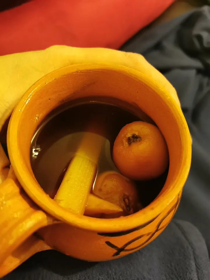 Hot fruit punch in an orange glazed clay cup, with a stick of sugarcane and a whole guava or tejocote floating in it