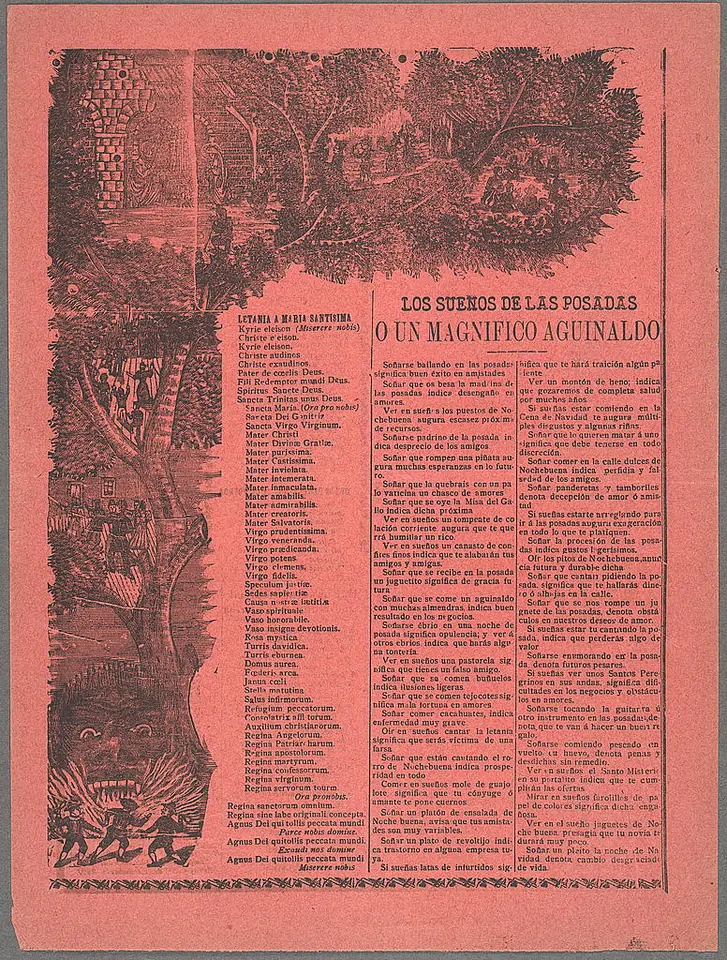Printed broadside on red paper with a woodcut border of branches and figures framing columns of Spanish verse under the title Los sueños de las posadas