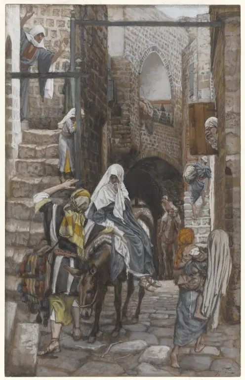 Watercolor of a steep, narrow stone street in Bethlehem where Joseph leads Mary on a donkey while a man in a doorway turns them away and people watch from steps and windows