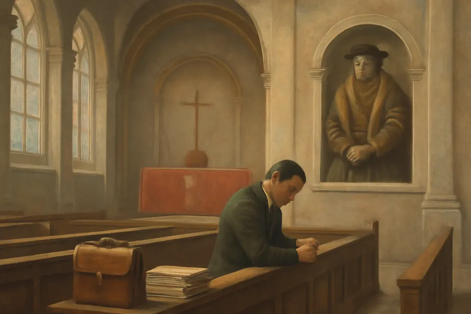 Ink-drawing-style illustration of a lawyer in a dark suit kneeling in an empty church before the morning court session, a briefcase on the pew beside him and red vestments on the altar