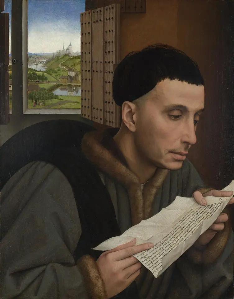 Flemish painting of a young clean-shaven man with a bowl haircut, in a fur-lined gray gown, reading a handwritten document beside an open window looking onto a green river landscape
