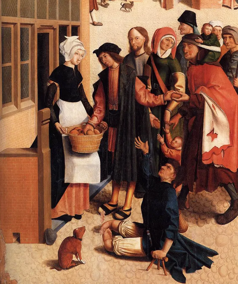 A woman in a white apron hands out loaves from a basket at a doorway to a crowd of poor men, women and a cripple on crutches, with Christ standing among them
