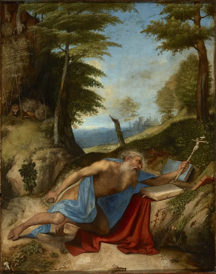 The aged St. Jerome, half wrapped in a red cloak, lies stretched on the rocks of a wooded wilderness before a small crucifix, an open book beside him