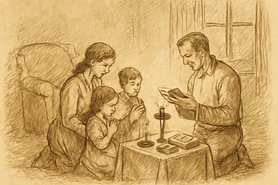 Ink-drawing-style illustration of a family praying together at a small Lenten prayer table at home, with a crucifix, a purple cloth and a candle