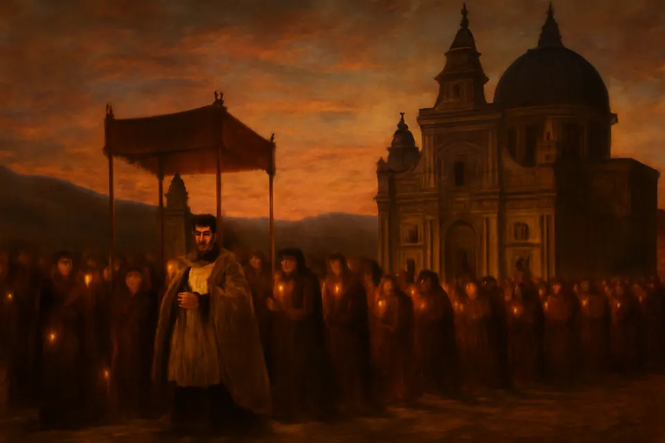 Oil-painting-style illustration of pilgrims with candles singing in procession at dusk before the domed basilica of Loreto