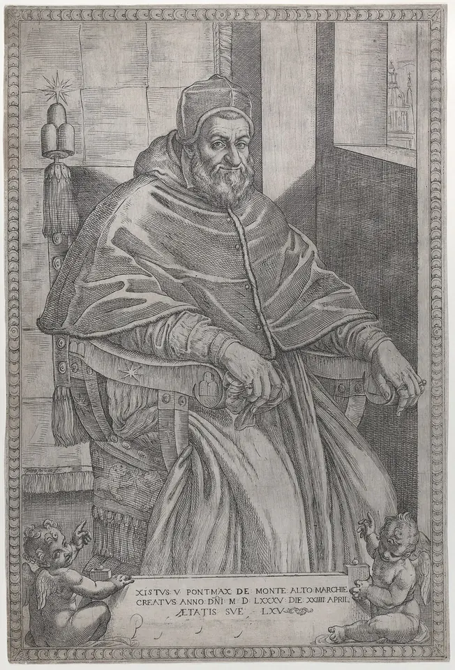 Engraved portrait of a bearded pope in a cape and cap seated in a carved chair, with a Latin inscription below