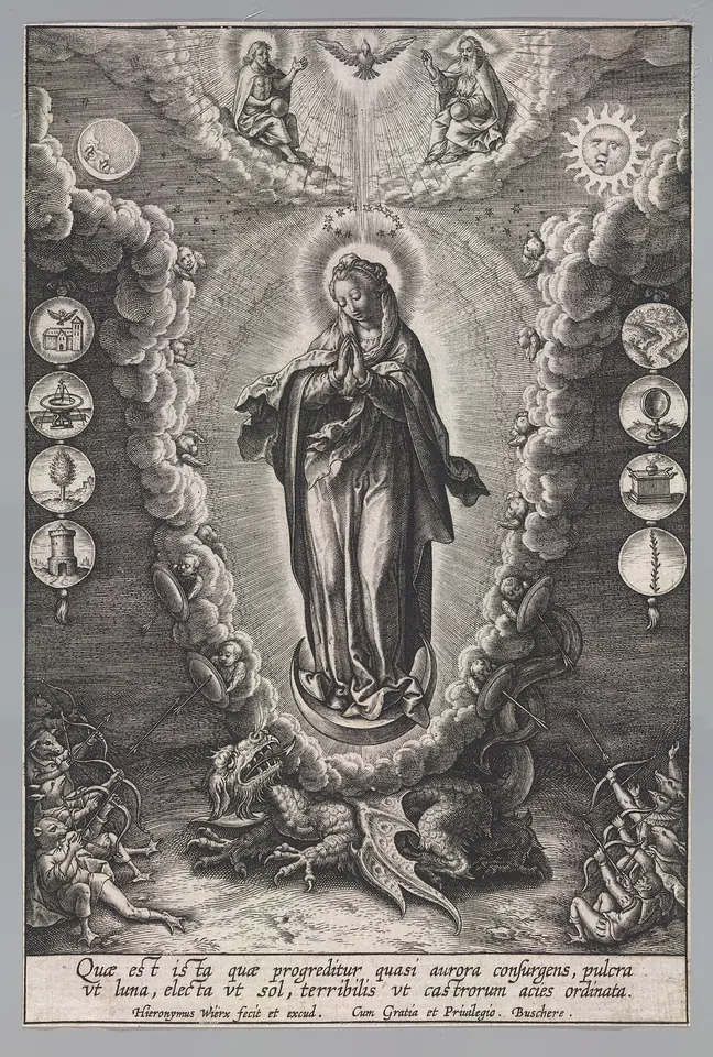 Engraving of the Virgin Mary standing on a crescent moon in a cloud of glory, framed by small medallions of a tower, a well, a garden, a star and other litany symbols