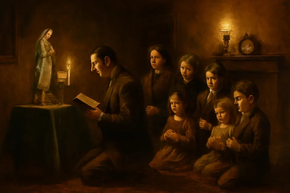 Oil-painting-style illustration of a family kneeling in a parlor answering a litany led by the father after the rosary