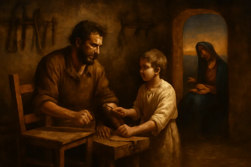 Oil-painting-style illustration of St. Joseph at his workbench in Nazareth at dusk, the boy Jesus beside him handing him a tool while Mary sews in the doorway