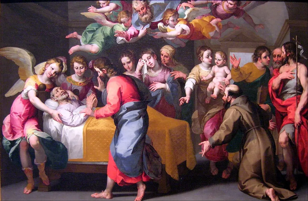 Painting of the dying St. Joseph lying in bed, Christ leaning over him and Mary and others gathered around, with angels in the clouds above and a Franciscan friar kneeling at the right