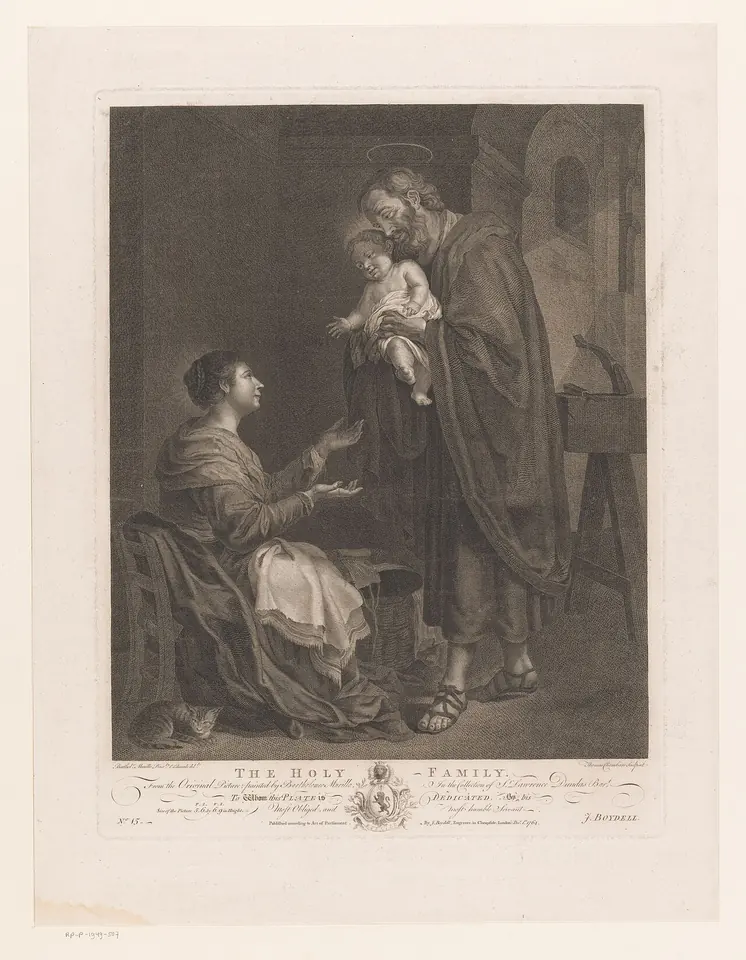 Engraving of the Holy Family in a carpenter's workshop, St. Joseph standing and holding the Child Jesus while Mary sits and reaches up toward them