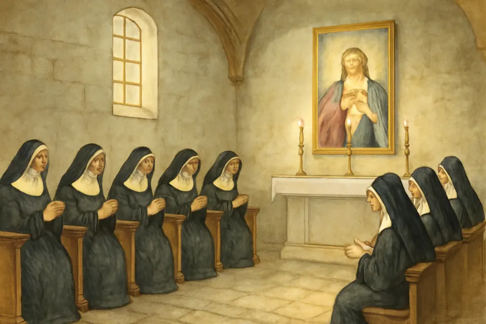 Watercolor-style illustration of Visitation nuns in black habits kneeling in a convent chapel before an image of the Sacred Heart, singing from choir books