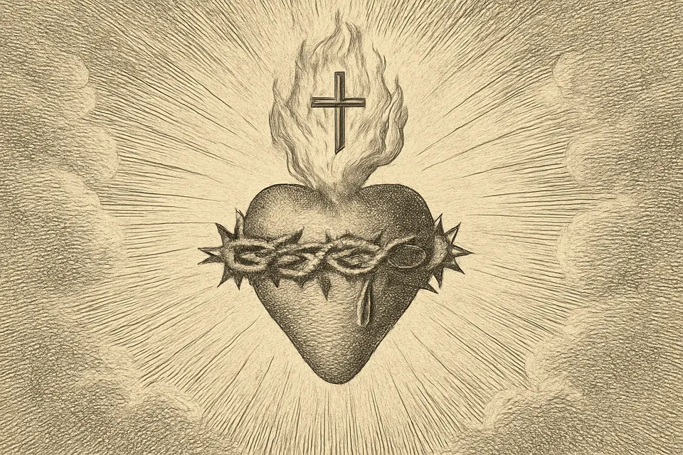 Engraving-style illustration of the Sacred Heart of Jesus encircled by a crown of thorns, with flames and a cross rising from it among clouds and rays
