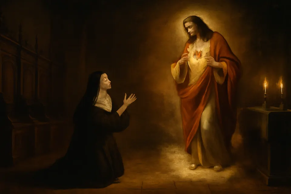 Oil-painting-style illustration of Christ appearing to St. Margaret Mary Alacoque in a candlelit convent chapel, showing his glowing Heart