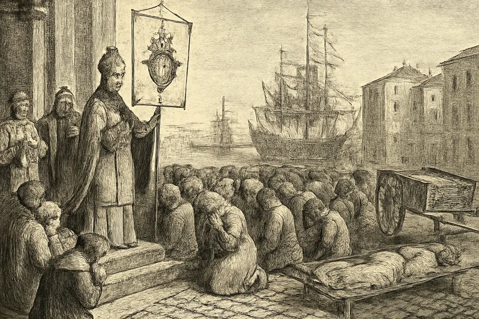 Engraving-style illustration of a bishop consecrating a plague-stricken city to the Sacred Heart before a crowd in a harbor square