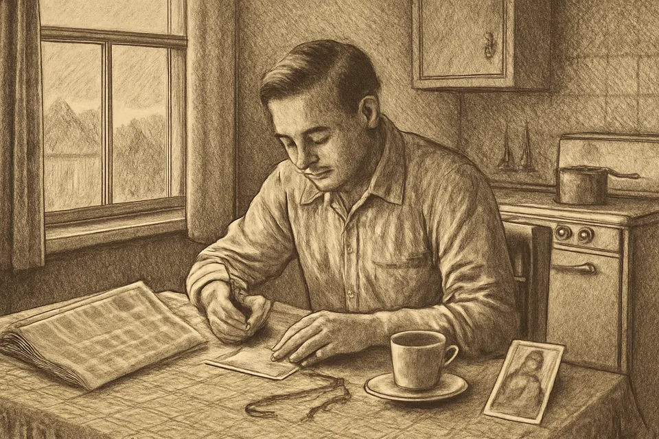 Engraving-style illustration of a man at a kitchen table writing a short thank-you notice to St. Jude for a newspaper, with a rosary beside the page