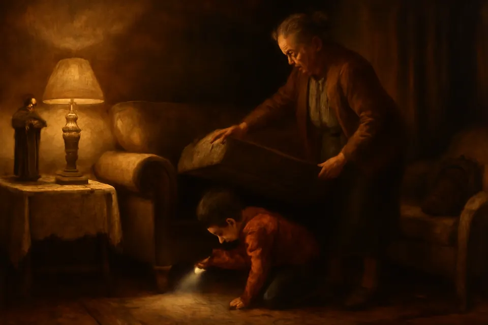 Ink-and-wash illustration of a grandmother and grandson searching under a sofa cushion for lost keys while a small statue of St. Anthony holding the Christ Child stands on a side table