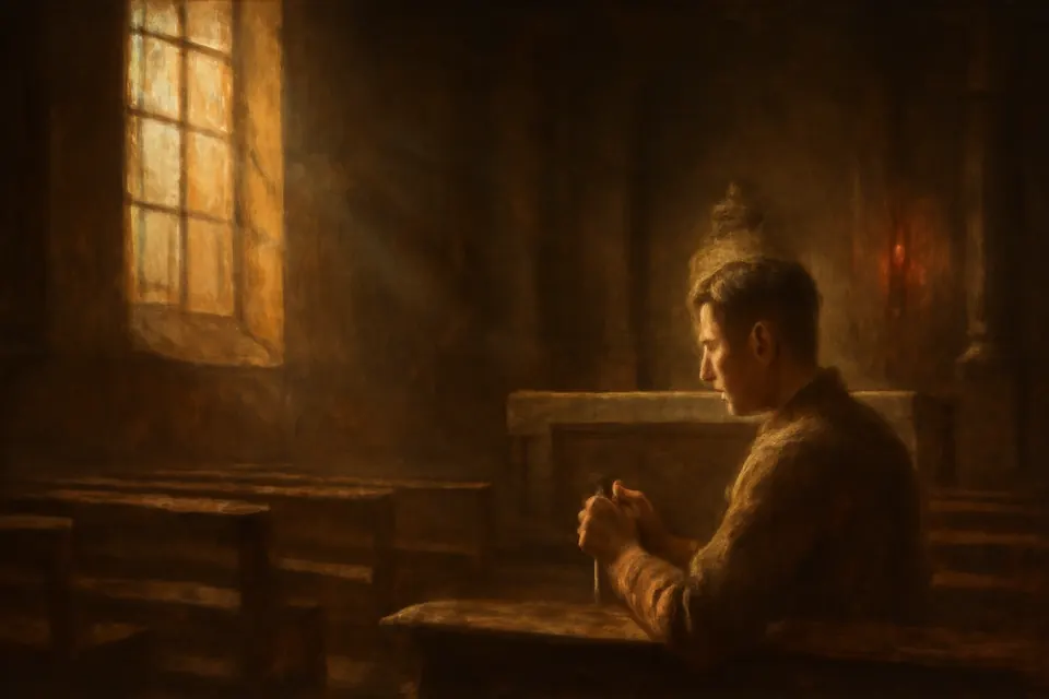 Watercolor-style illustration of a young man praying the rosary in an empty church on a Thursday evening, the light of the sanctuary lamp falling on the tabernacle