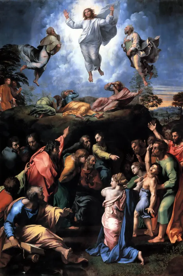 Christ floats in a cloud of light above a mountaintop between Moses and Elijah, three apostles shield their eyes below him, and a crowd at the foot of the mountain points upward