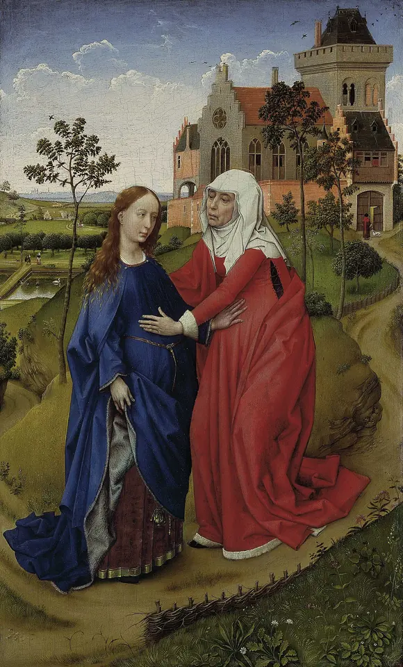 María de azul e Isabel de rojo con velo blanco se saludan en un camino entre jardines, cada una con una mano sobre el vientre de la otra, con un castillo y el campo al fondo