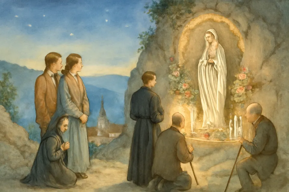 Painting-style illustration of pilgrims kneeling with candles before a hillside shrine of the Virgin Mary at dusk