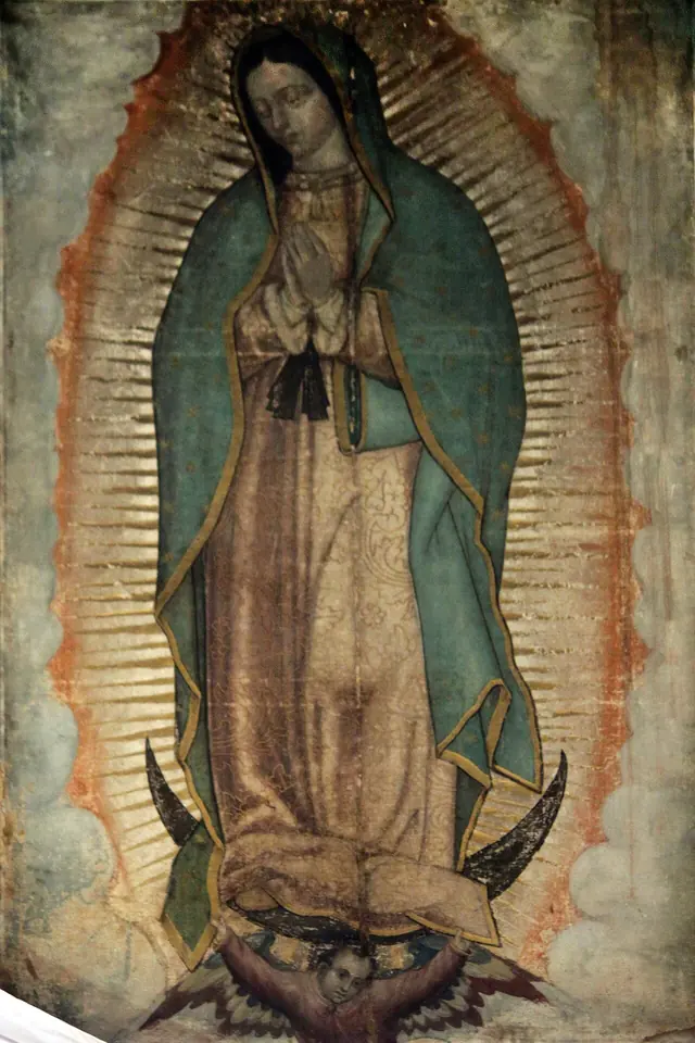 The image of Our Lady of Guadalupe on Juan Diego's cloak, the Virgin with folded hands in a star-covered blue-green mantle, surrounded by golden rays