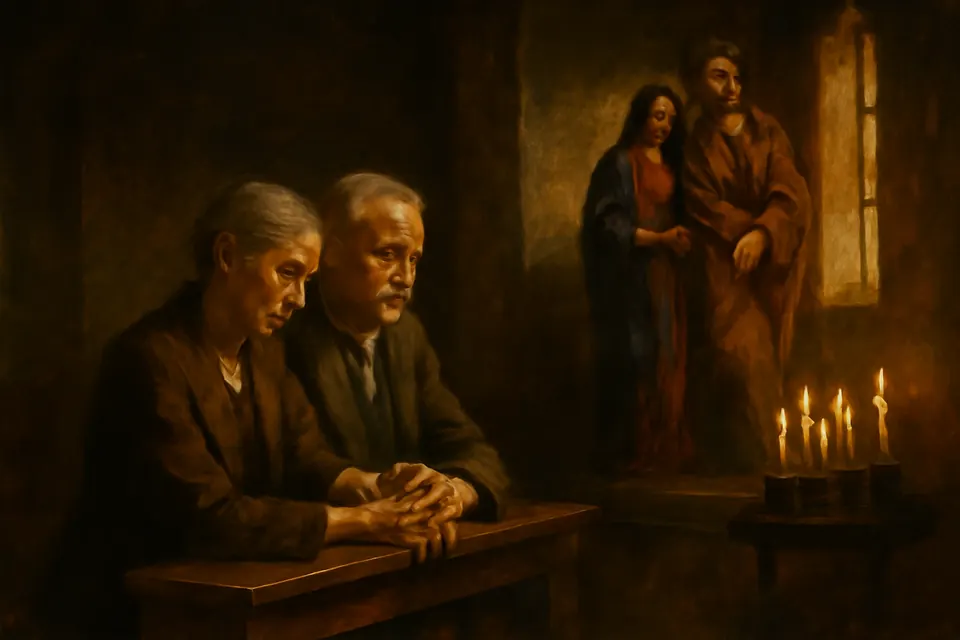 Oil-painting-style illustration of an older husband and wife kneeling side by side at a church altar rail, her hand resting on his, before a statue of St. Joseph and the Virgin Mary