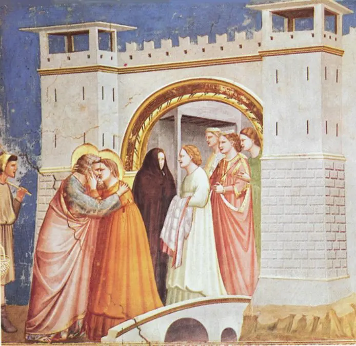 Fresco of Joachim and Anne embracing and kissing on a small bridge before a crenellated city gate, as a group of women watches from the archway