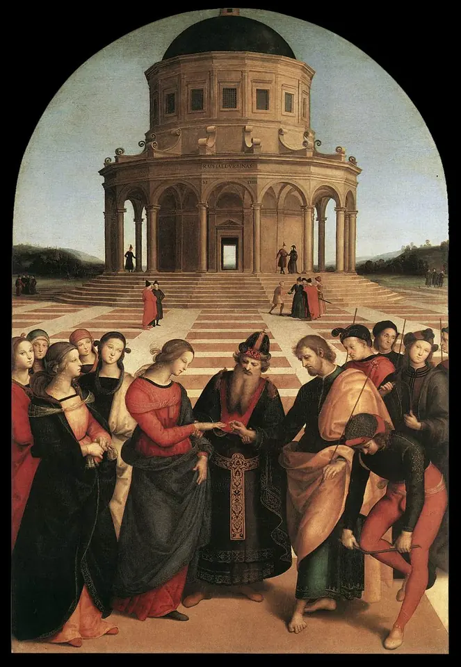 Renaissance painting of Joseph placing a ring on Mary's finger before a priest in a square, holding a flowering rod, while a disappointed suitor breaks his own rod over his knee, with a domed temple behind