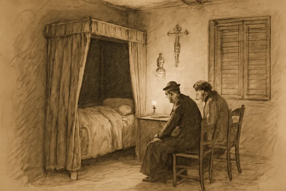 Ink-drawing-style scene of a dim farmhouse bedroom where a priest and a visitor sit on chairs beside a curtained bed, lit only by a small lamp before a crucifix