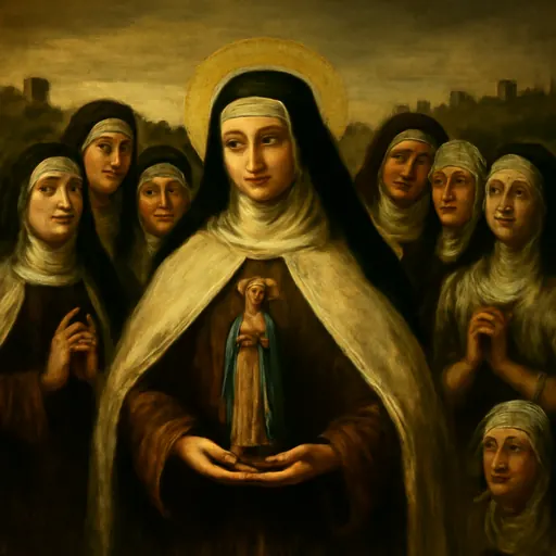 Oil-painting-style scene of sixteen Carmelite nuns in brown habits and white mantles standing together in prayer, their faces calm