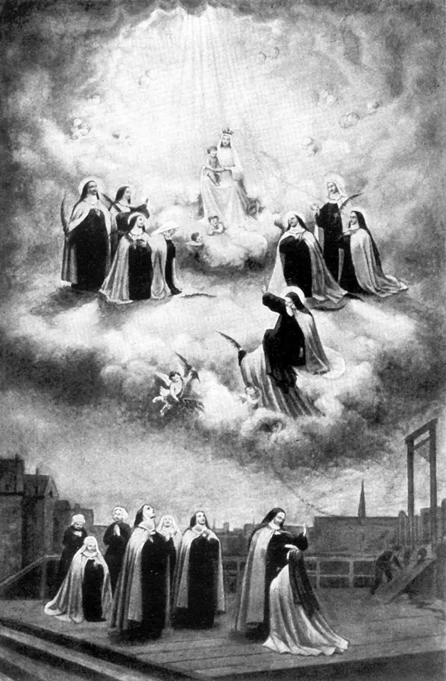 Black-and-white devotional print of nuns waiting calmly on the scaffold platform below, while above them the Carmelites rise on clouds toward the Virgin Mary