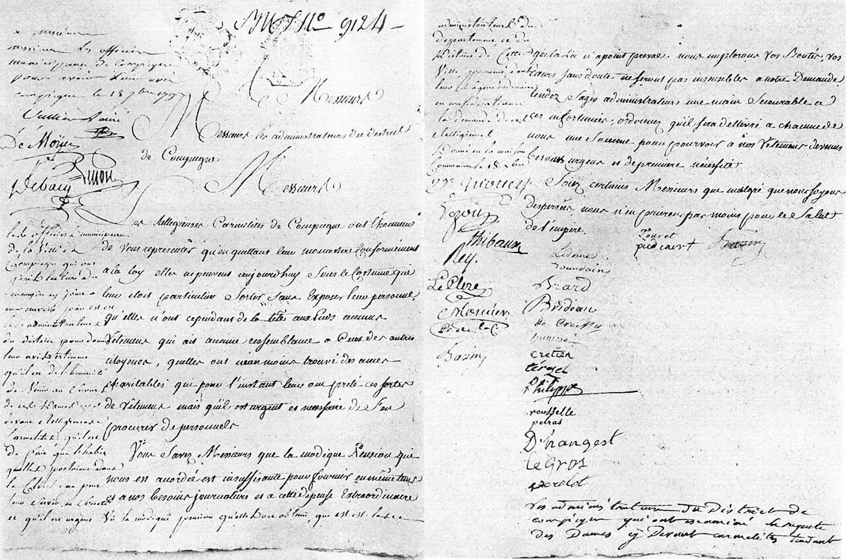 Facsimile of two handwritten pages in old French with a column of signatures at the bottom