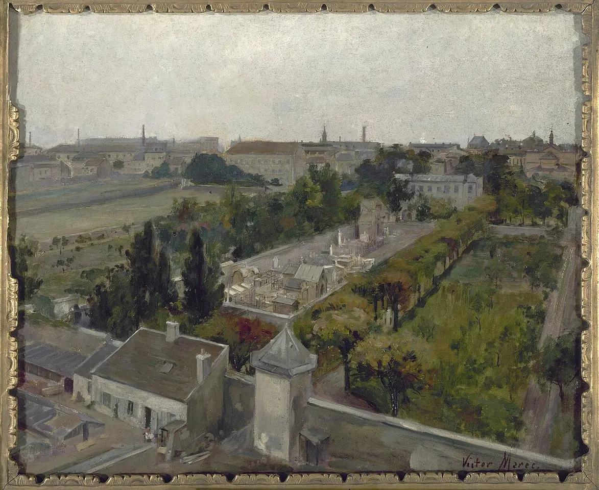 Painting of a walled garden cemetery seen from above, with trees, a long wall and low buildings, under a pale sky over Paris