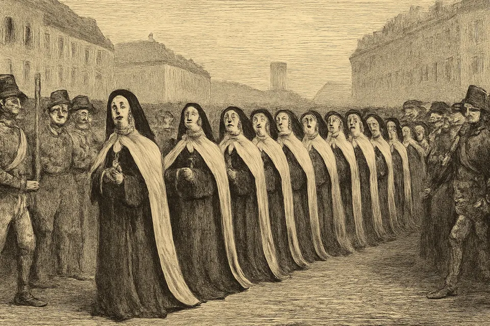 Engraving-style scene of Carmelite nuns in brown habits and white mantles walking in a line through a crowded square, their prioress holding a small statue of the Virgin