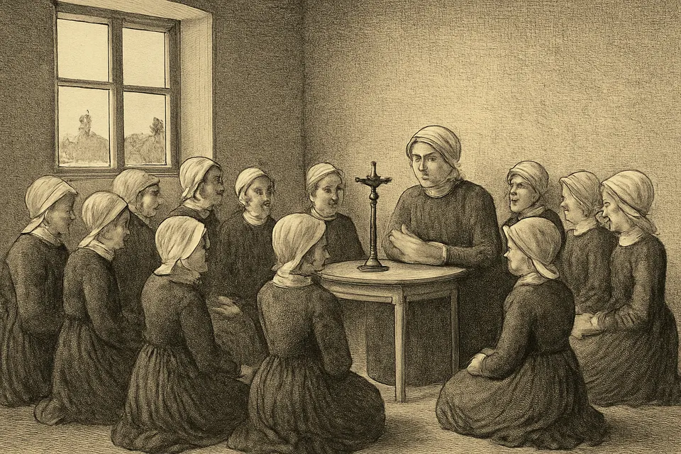 Engraving-style scene of Carmelite nuns in plain clothes kneeling around a small table with a crucifix in a modest room, praying together