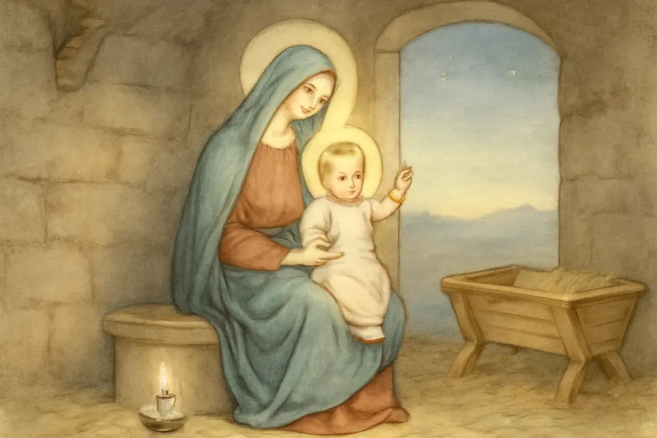 Illustration of the Virgin Mary seated with the infant Jesus on her lap in a quiet stable at dawn, a single candle and a few stars still in the sky
