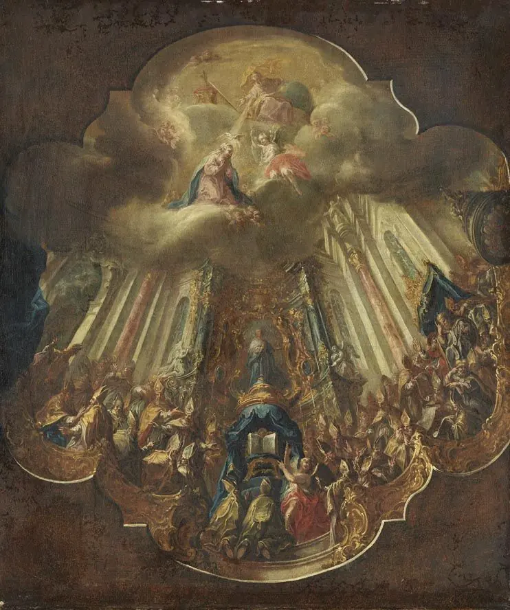 Baroque oil sketch of a crowded council of bishops gathered beneath a burst of light, with the Virgin Mary seated in glory in the clouds above them