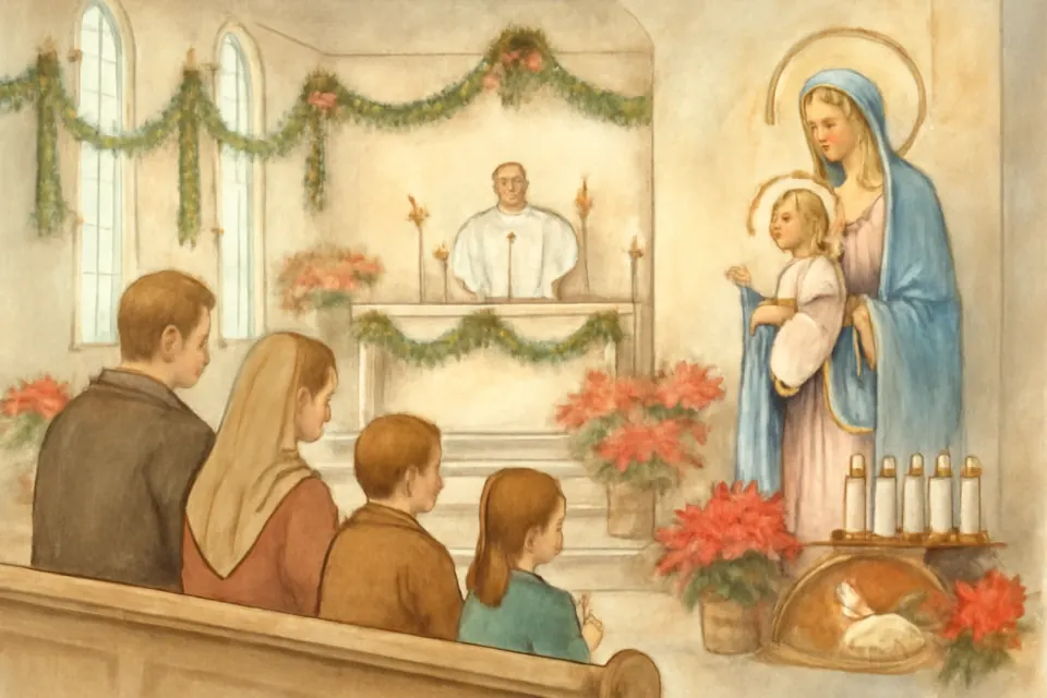 Watercolor-style illustration of a family at Mass on New Year's morning, kneeling before a statue of Mary holding the Christ Child beside the Christmas crib