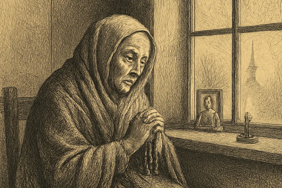 Engraving-style illustration of an elderly woman praying the rosary by a window on New Year's Day, a candle lit before a small icon of the Mother of God
