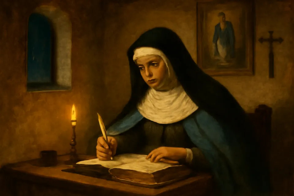 Oil-painting-style scene of a young Spanish nun in a white habit and sky-blue mantle writing at a desk by candlelight in a convent cell