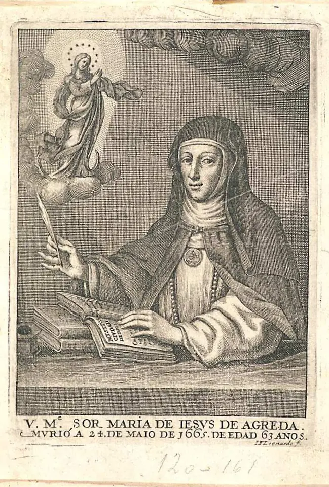 Engraving of a nun at a desk writing in a book, looking up at the Immaculate Virgin in the clouds, with an inscription giving her death on May 24 at age 63