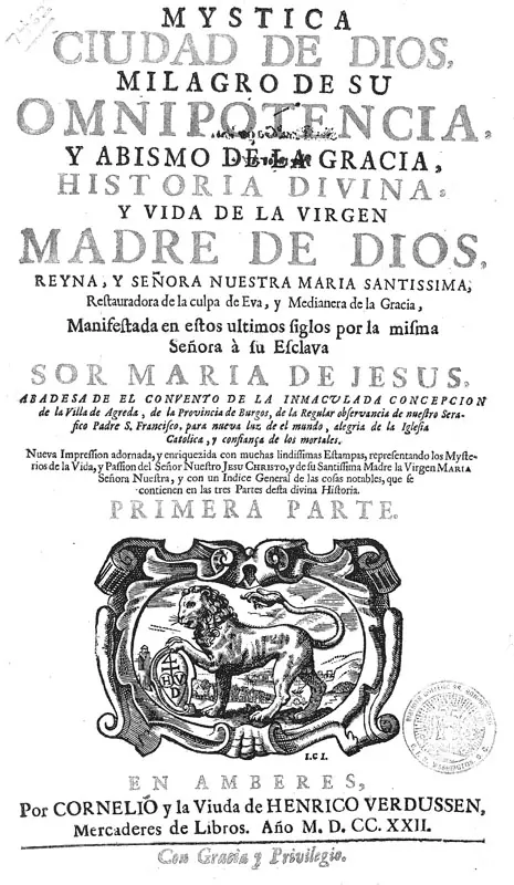 Old printed title page in Spanish reading Mystica Ciudad de Dios, Historia Divina y Vida de la Virgen Madre de Dios, with a printer's emblem and the date 1722