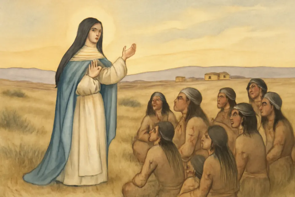 Watercolor-style scene of a young nun in a blue mantle speaking to a gathering of Native people on the dry plains of New Mexico in the 1620s