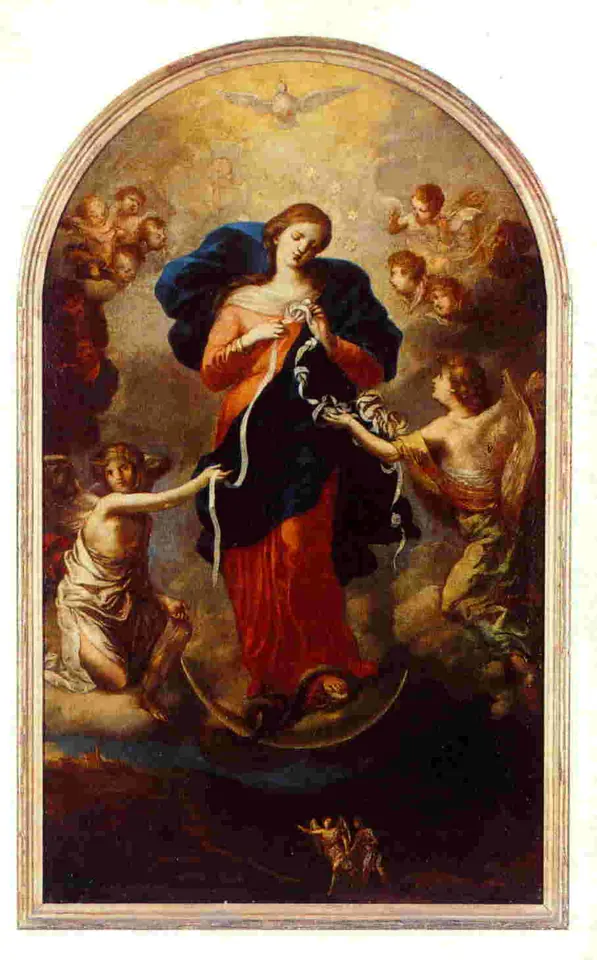 Cuadro barroco de la Virgen María con vestido rojo y manto azul, de pie sobre la luna y la serpiente, que deshace los nudos de una cinta blanca que le sostienen dos ángeles, con la paloma del Espíritu Santo encima